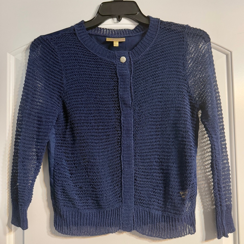 Princess Vera Wang Cardigan Women Large Navy Blue Crochet‎ Rhinestone